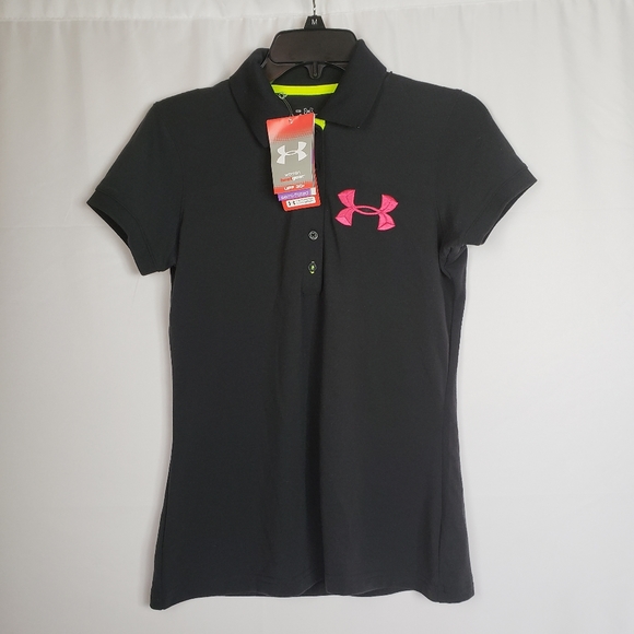 Under Armour Black Pink Green Polo Shirt Heatgear - Picture 1 of 8